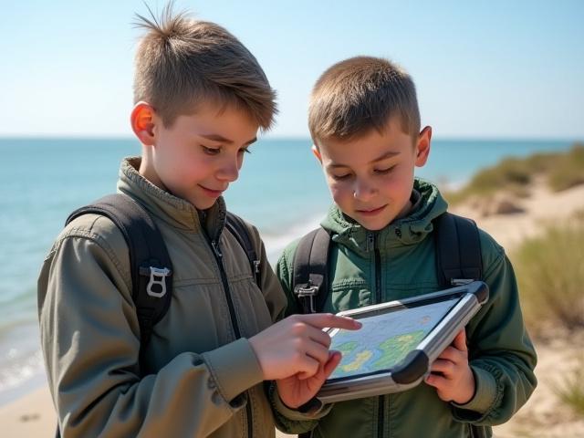 Оқушылар планшетте азаматтық ғылым қолданбасын пайдаланып мәліметтер жинауда.